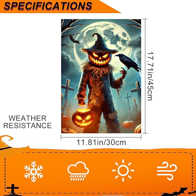 IVN Halloween Garden Flag Spooky Garden Flag 12x18 Inch Scary Jack-o-Lantern Scarecrow Raven Bat Full Moon Spooky Outdoor Decor Double Sided Fall Yard Home Porch Patio Decorations