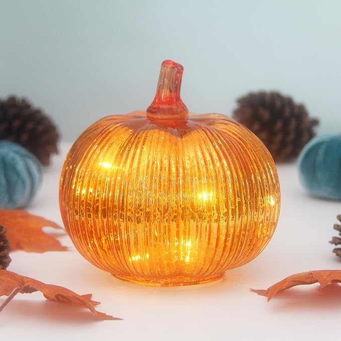 Mercury Glass Pumpkin Lights with Timer, Battery Operated Led Pumpkin Lights for Halloween Fall,Thanksgiving Rustic Decor (Gold Fine-Striped, 6")