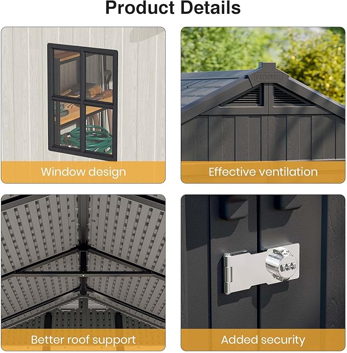 Patiowell 8x6 FT Outdoor Storage Shed, Plastic Shed Resin Garden Shed with Floor & Window & Lockable Door for Patio Furniture, Backyard Tools, Bicycles & Lawnmower, Beige