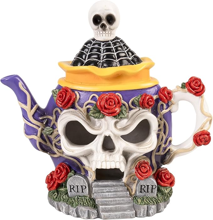 Light Up Halloween Haunted House Decor, 8.3"X 8.1" Resin Skull Head Decorative Teapot Figurine with Roses, Spooky Skeleton Miniature Village Indoor Outdoor Table Mantel Decorations for Home