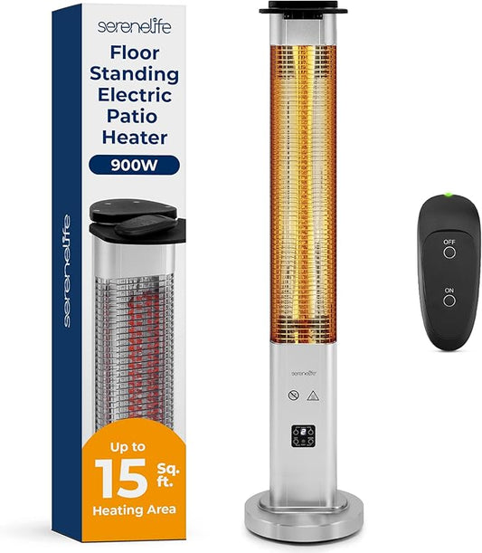 SereneLife Outdoor Electric Patio Heater - 900W Infrared Heater with Remote, Aluminum Reflector, Waterproof Design, IP65 Approved, Quiet Operation, Standing Porch Heater for Patio & Backyard