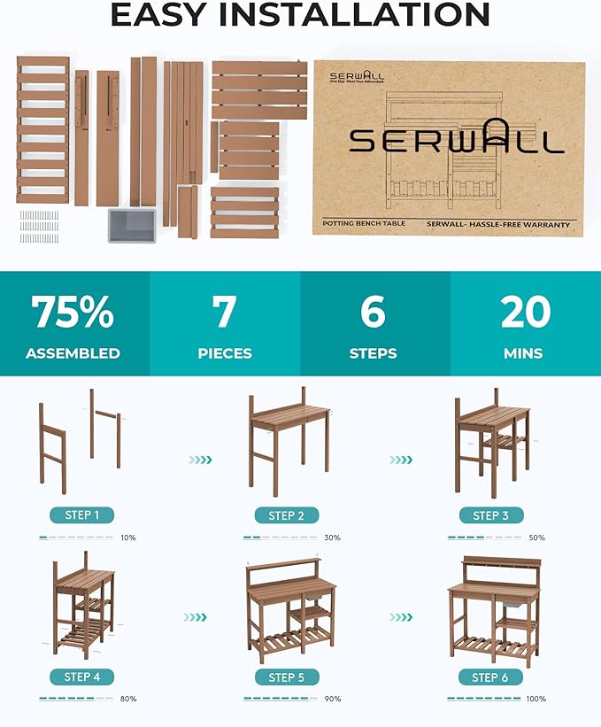 SERWALL Potting Bench Outdoor Potting Table with Sink, HDPE Teak Potting Benches for Outside Gardening Table All Weather Use- Brown