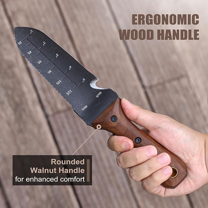 TOPLINE Hori Hori Garden Knife with Oxford Sheath, 7" Stainless Steel Blade with Cutting Edge, Full Tang Walnut Handle with Hanging Hole, Multifunctional Garden Tools for Weeding, Planting, Cutting