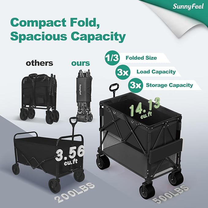 SUNNYFEEL Double Decker Wagon, Collapsible Outdoor Utility Wagon Cart 500LB Capacity Adjustable Handlebar,Foldable Wheels Stable Durable Oxford Fabric for Shopping Garden Camping (Black, Double Deck)