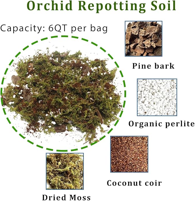 6QT Orchid Potting Mix with Moss Pine Bark Mulch Perlite & Coco Peat Natural Ingredients, Orchid Repotting Soil Medium Great for Indoor Plant Root Climbing & Expanding
