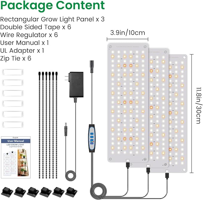 Grow Light, Full Spectrum Under Cabinet Plant Lights for Indoor Growing Seedling 3 Panels, Large Area Illumination 414 LEDs Lightweight Grow Lamp with UL Adaptor 16 Hour Timer