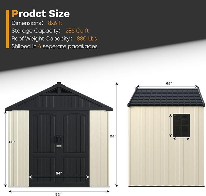 Devoko Plastic Outdoor Storage Shed with Floor, 8 x 6 FT Resin Tool Garden Shed with DIY Window and Lockable Door, Outside Kick-it Shed for Patio,Garden, Backyard, Lawn, Beige