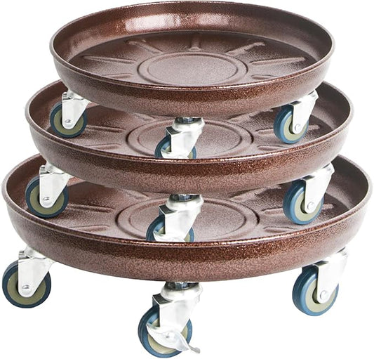 Metal Heavy Duty Plant Caddy Round Flower Pot Mover, 3 Pack Mixed of 12", 14" and 16" Rolling Plant Stand with Wheels, Indoor Outdoor Plant Dolly with Casters Planter Tray, Bronze