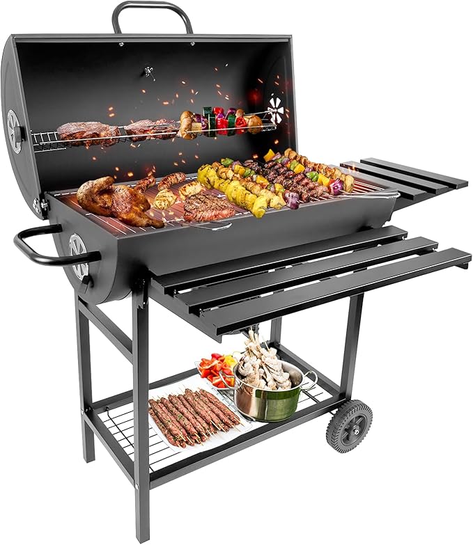 Charcoal Grill with Temperature Gauge - Large Outdoor Barrel Barbecue Grill with Side Table, 565 sq in Cooking Space for 8-12 People, Ideal for Camping and Backyard BBQ