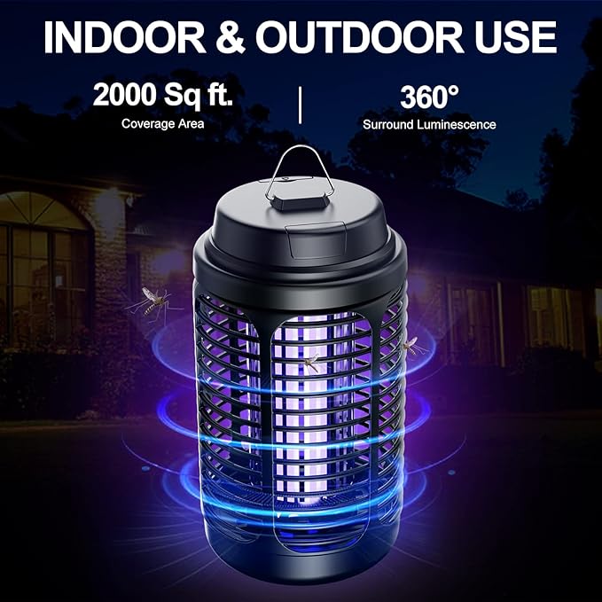 Bug Zapper Outdoor, Mosquito Zapper Indoor with Dusk to Dawn Light Sensor, 4000V Electric Fly Zapper, Waterproof Mosquito Killer, Fly Trap for Home, Patio, Kitchen, Garden - 9.8 FT Length Cable