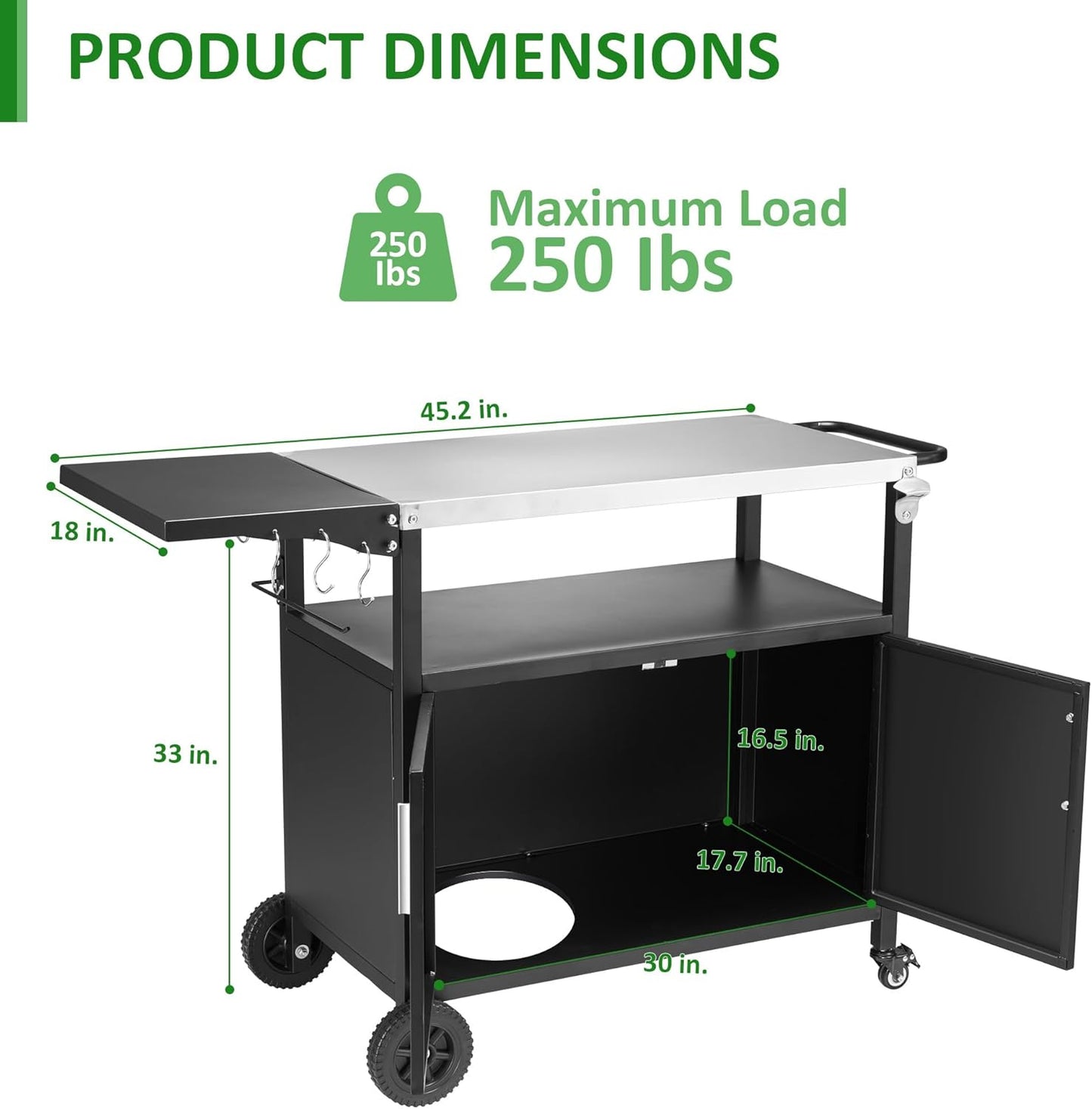Outdoor Grill Cart with Storage Movable Grill Cart Outdoor Kitchen Island Pizza Oven Table Food Prep Table with Wheels Storage Cabinet for Outside Patio Backyard Garden