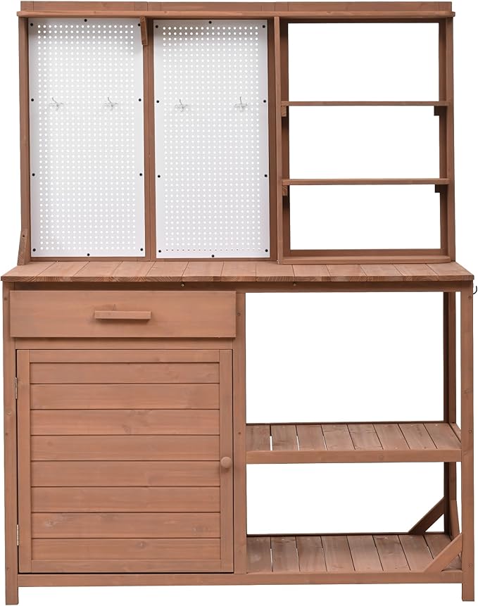 Fir Wood Potting Bench with Hutch - Outdoor Garden Workstation with 4 Shelves, Drawer & Adjustable Storage, 50.2" Countertop, & Pegboard (Brown + Wood + Rustic)