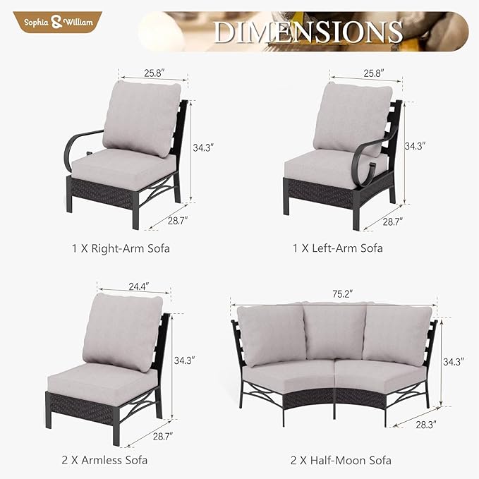 Sophia & William 6 Piece Patio Furniture Set, Half-Moon Curved Outdoor Sofa, Wicker Rattan Outdoor Conversation Sets,Beige