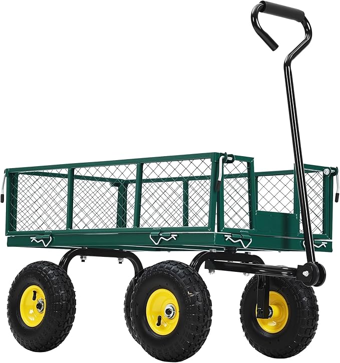 Heavy Duty Steel Garden Cart, 550LBS Pullable Metal Garden Wagon with 10" Wheels, 180° Rotating Handle and Removable Sides for Outdoor, Farm, Yard, Beach ﻿
