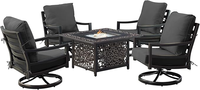 Oakland Living Black Aluminum Patio Fire Table Set with Four Club Chairs with Black Cushions