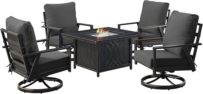 Oakland Living Black Aluminum Patio Fire Table Set with Four Club Chairs with Black Cushions