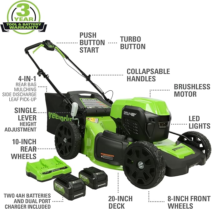Greenworks 48V (2x24V) Cordless Yard Tool Combo - 21" Self - Propelled Lawn Mower, 12" Trimmer, Blower + 24V 3/8" Crown Stapler