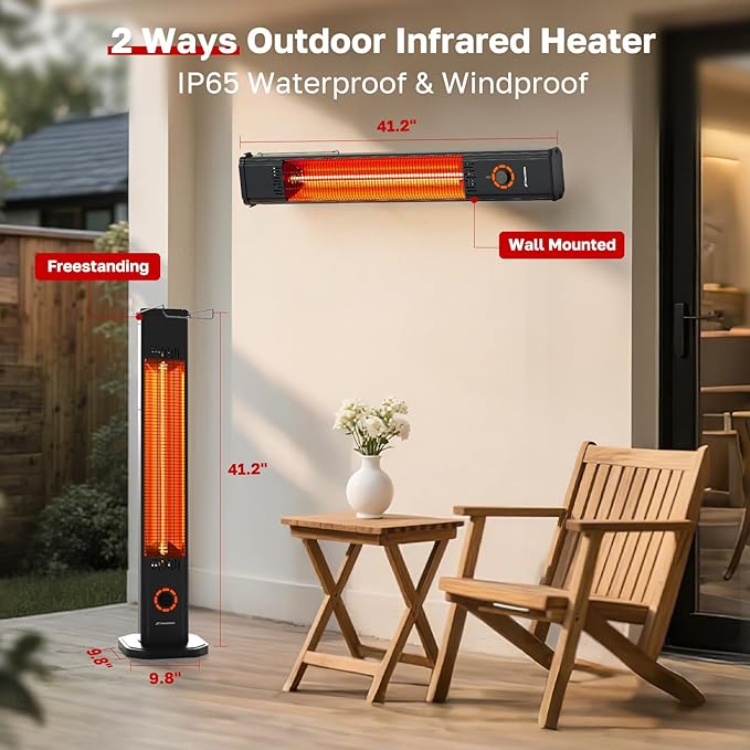 Outdoor Electric Patio Heater, ThermoMate 1500W Freestanding & Wall-mounted Infrared Heater with Remote, 8 Heat Levels, 8H Timers, Tip-Over & Overheat Protection, IP65 Waterproof Tower Space Heater