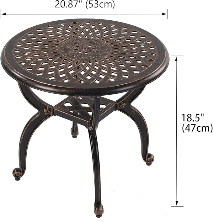Cast Aluminum Outdoor Side Table,Small Patio Table,Outdoor Coffee Tables for Patio,Garden,Balcony, for All Weather (Copper, Round)