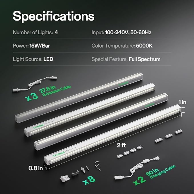 VIVOSUN 2ft Grow Lights for Indoor Plants Full Spectrum, LED Plant Lights 60W(4 X 15W), T5 Grow Light Strip for Seed Starting, Greenhouse, Hydroponics, SGS Compatible, Linkable, 5000K, 4-Pack