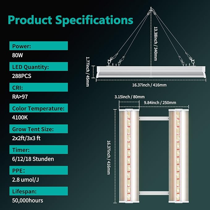JESLED 80W Full Spectrum Plant Growing Lights with Timer, Plug in Suspended Fixture for 2x2/3x3ft Grow Tent Room, Greenhouse Cultivation, Laboratory Plant Cultivation, 1.4FT
