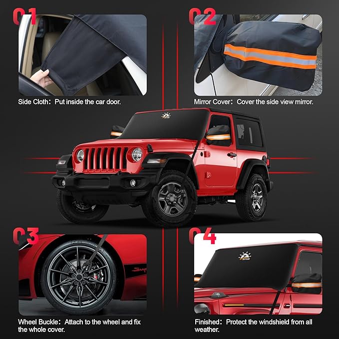 Zettum Car Windshield with Tow Mirror Cover - 600D Windshield Cover for Ice and Snow Windproof & Heavy Duty, Winter Frost Hail Protector for Pickup, Truck, SUV, Van and MPV with Large Mirror Models