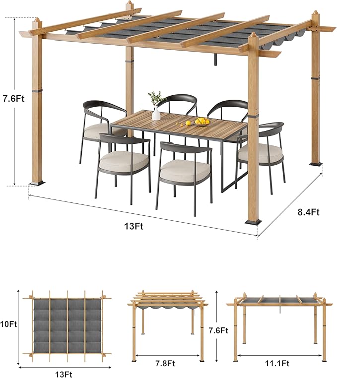 10x13 Ft Outdoor Retractable Pergola with Adjustable Roof Modern Metal Patio Gazebo, Upgraded Faux Wood Grain Aluminum Pergola for Deck, Backyard Gardens, Porches, Grapevines, Grey