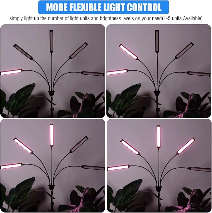Grow Lights for Indoor Plants 5 Heads, Full Spectrum Plant Lights for Indoor Growing with Tripod Stand, Auto On/Off Timing 1-19H, LED Grow Lights for Indoor Plants. (5 Wide Heads)