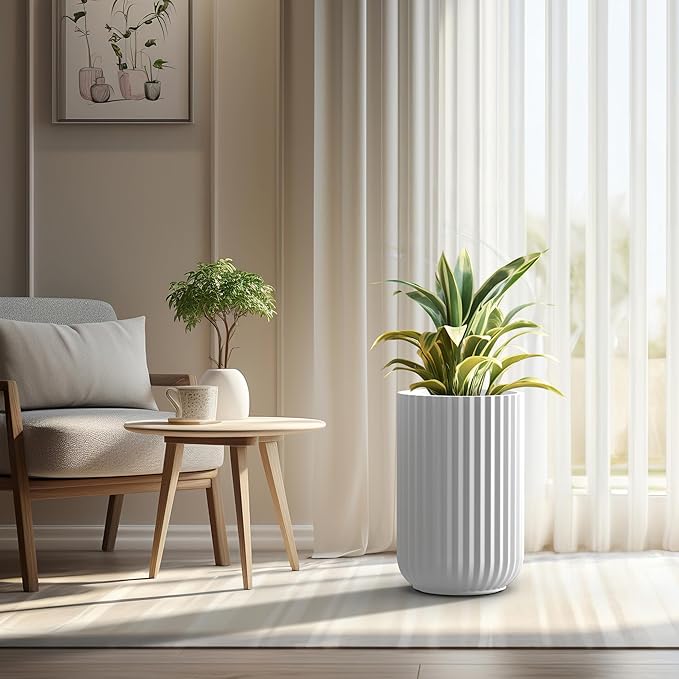Kante Tall Fulted Planter, 21.7 Inch Tall Round Concrete Plant Pots with Drainage Hole and Rubber Plug, Modern Decor for Indoor Outdoor Plants, Flower, White
