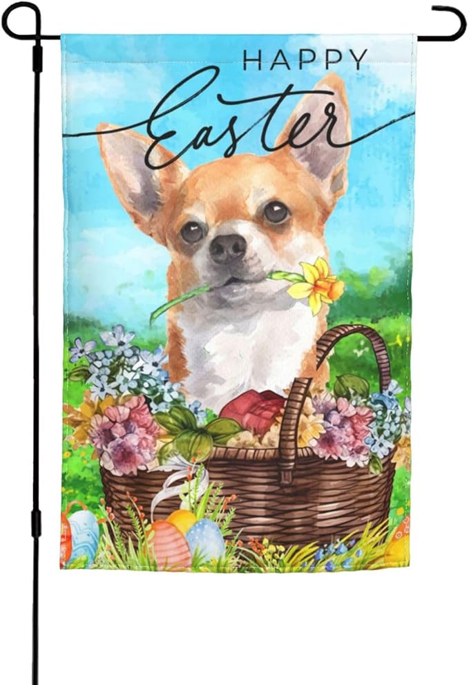 Happy Easter Chihuahua Dog Flowers Eggs Bunny Garden Flag Welcome Party Outdoor Outside Decorations Picks Home House Garden Yard Decor 12x18 Inch