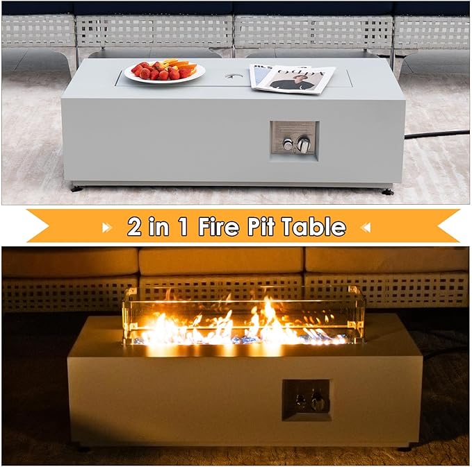NICESOUL 42'' Outdoor Rectangle Fire Pit Table, Modern Low Profile Patio Firepits with Tank Table, 50,000 BTU Firepit Table for Outside, Exterior, Porch, Backyard or Garden, No Assembly, Grayish white