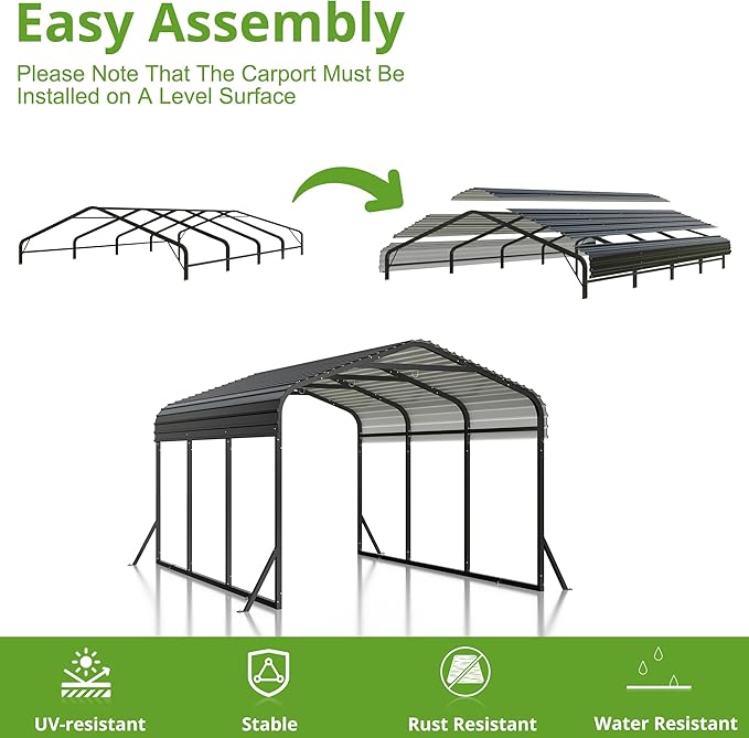 Carport 10x15 FT Metal Carport with Reinforced Base Outdoor Heavy Duty Garage Galvanized Car Shelter for Pickup, Boat, Car and Tractors