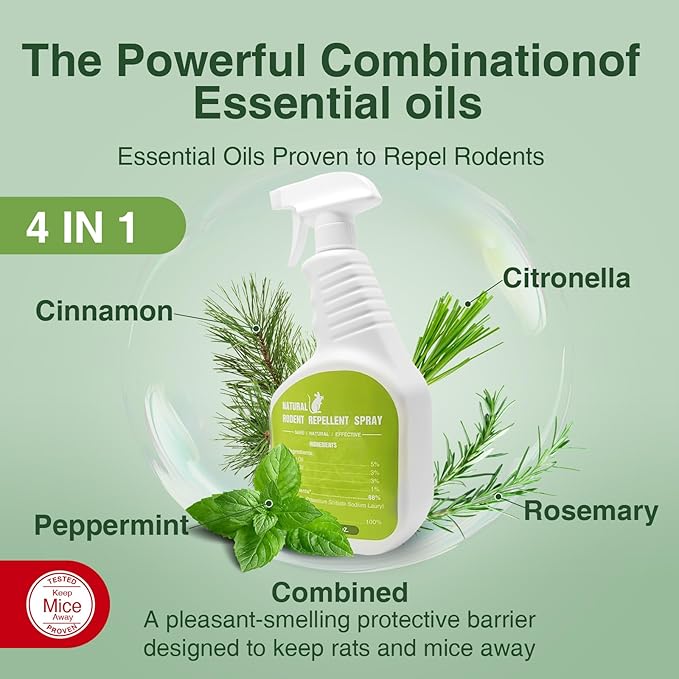 Peppermint Oil Spray for Rodents - Pure Peppermint & Mint Oil Spray for Mouse, Mice, Rat - R odent/Mouse Repellent for Indoor, Outdoor, Car Engine, Home, Attic, Garage - Pet & Kids Safe.(32 Oz)