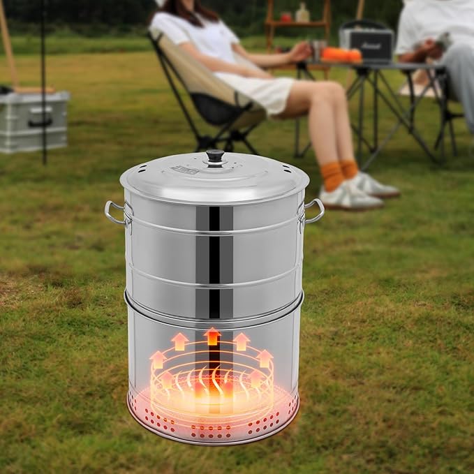 Portable Charcoal Grill, 360° Stainless Steel BBQ Barrel with Handle, Large BBQ Charcoal Grill Outdoor BBQ Grill for Picnic, Camping, Backyard Patio Cooking