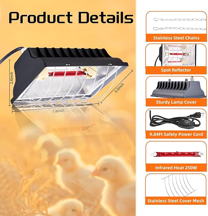Chicken Coop Heat Lamp 250W Brooder Heating Plate for Chicks Hanging Light Heated Adjustable Temp with Anti-Fall Aluminum Alloy Lamp Shade Suitable for Poultry, Livestock & Small Pets