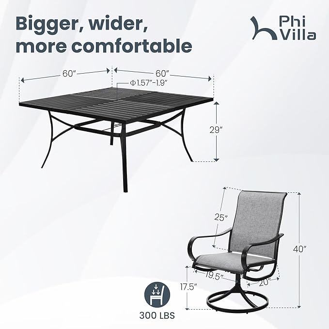 PHI VILLA 9 Piece Outdoor Patio Dining Set, Large Square Metal Dining Table and 8 Outdoor Swivel Dining Chairs, Patio Table and Gray Chair Furniture Dining Set for 8 Person