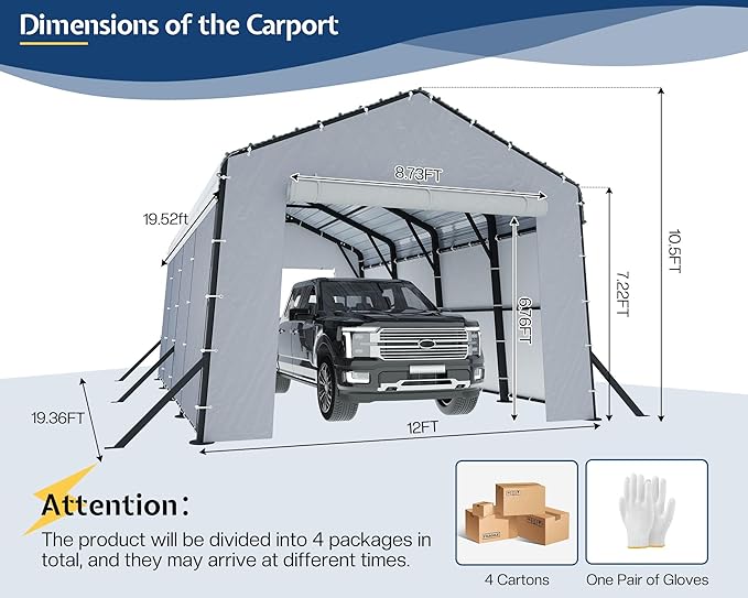 Jocisland 12x20x10.5 FT Metal Carport with Removable Waterproof Sidewalls, Heavy Duty Carport with Upgraded Steel Reinforcements for All-Weather, Car Port for Car, Boat, Equipment Storage