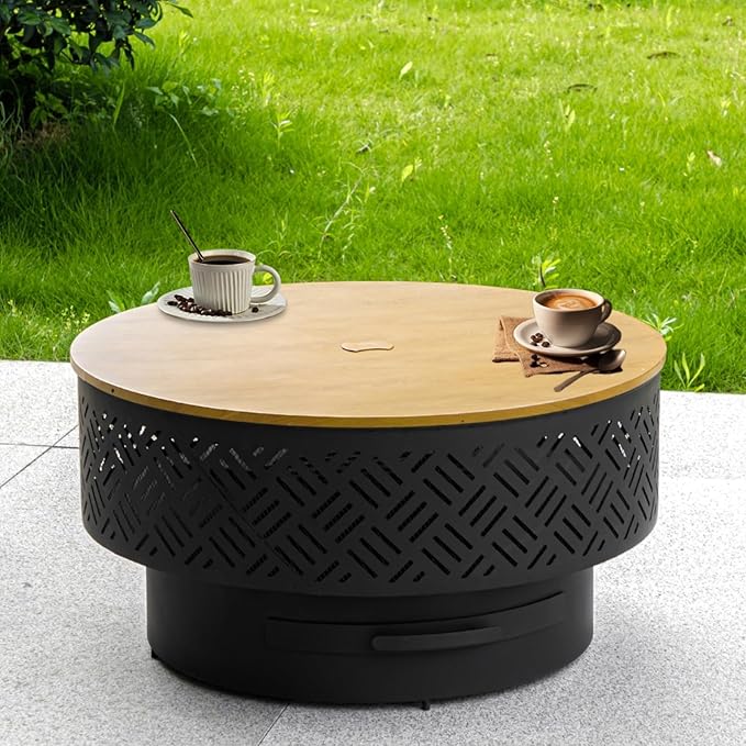 26" Wood Burning Fire Pits with Grill & Lid, Fire Pit Table for Outside with Waterproof Cover & Fire Poker, Outdoor Firepit with Functions for BBQ,Table and Bonfire