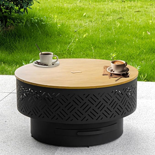 26" Wood Burning Fire Pits with Grill & Lid, Fire Pit Table for Outside with Waterproof Cover & Fire Poker, Outdoor Firepit with Functions for BBQ,Table and Bonfire