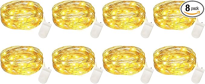 VOOKRY 8 Pack 30 LED Fairy Lights Battery Operated String Lights - 10 ft Mini Silver Wire Firefly Starry Moon Lights for DIY Crafts Wedding Party Bedroom Table Centerpieces Christmas(Warm White)