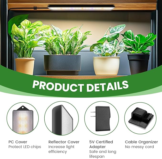 Wolezek Grow Lights for Indoor Plants, 210 LEDs Full Spectrum Plant Grow Light Strips with Upgared 4/8/12/16H Auto Timer, 13.8 Inches Bright Grow Lamp Bar for Plant Shelves and Cabinet, 2 Pack