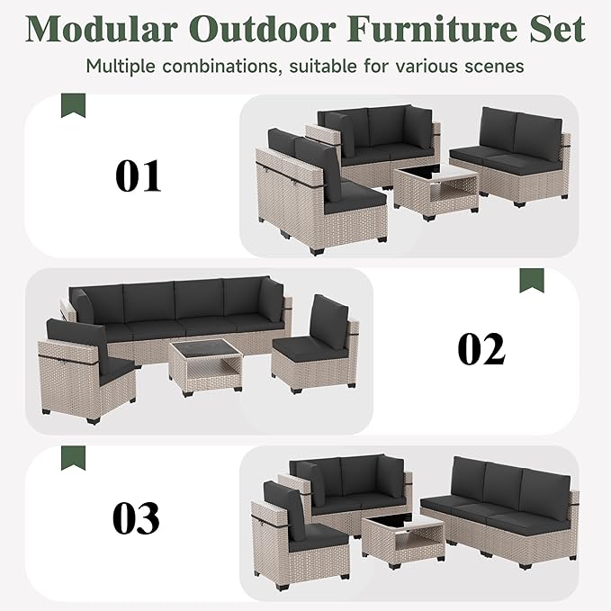 10 Pieces Patio Furniture Set, Outdoor Sectional Wicker Sofa with Thick Cushions and Storage Coffee Table, Rattan Patio Conversation Sets for Deck Yard Poolside, Black