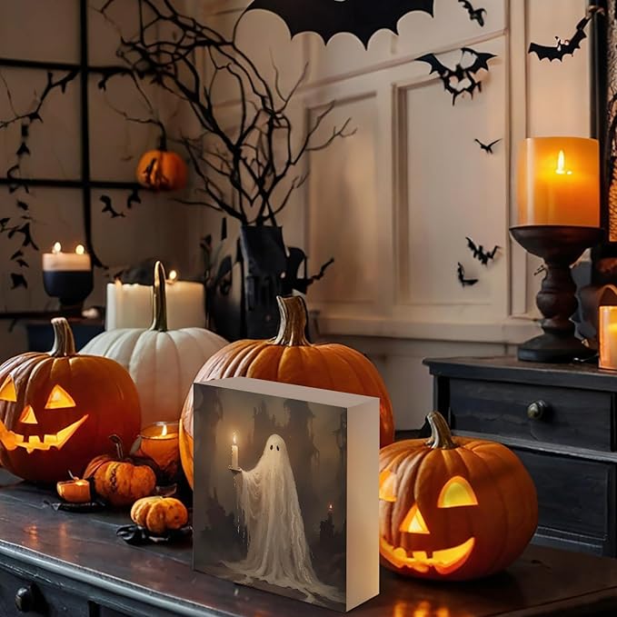 Mtrgdn Cute Halloween Decor,Spooky Ghost Desk Decor Wooden Box Sign,Halloween Home Office Kitchen Bathroom Bedroom Coffee Bar Party Table Shelf Wall Decorations,5x5 Inch