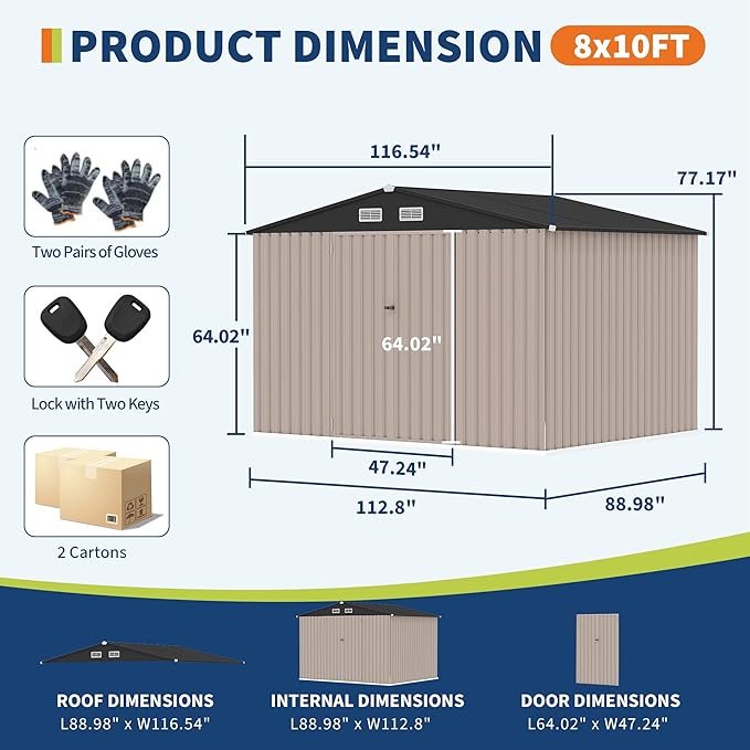 8x10 FT Metal Storage Sheds Outdoor with Floor, Metal ToolShed with Lockable Door, Metals Yard Sheds Metals Garden Shed Kit, MetalUtility Sheds Buildings with Air Vent for Backyard Garden Patio Lawn