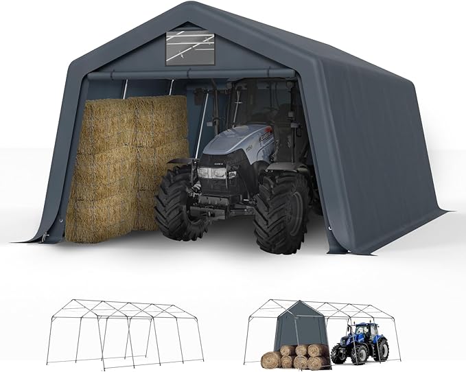 GREEN PARTY Storage Shelter Shed, 13x22 ft Portable Shed Outdoor Carport with Roll-up Zipper Door & Vents, Outdoor Storage Shed Portable Garage for Motorcycle, Bike, Waterproof & UV Protected, Gray