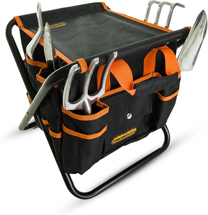 GardenHOME 7-Piece Gardening Tool Set – Stainless Steel Tools with Heavy-Duty Folding Stool and Canvas Tote Bag, Black and Orange – Practical for Men, Gardeners, and DIY Yard Work