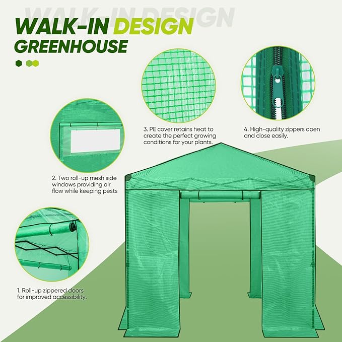 EAGLE PEAK Replacement Cover for 8x8 Portable Walk-in Pop up Greenhouse, Front and Rear Roll-Up Zipper Entry Doors and 2 Large Roll-Up Side Windows (Frame Not Included), Green