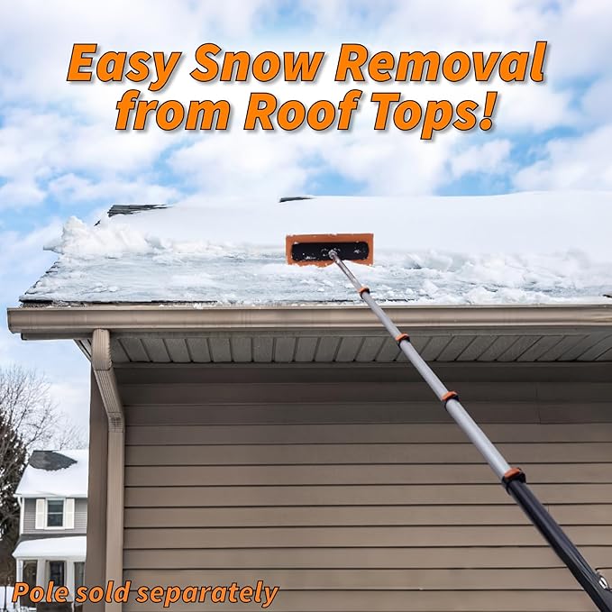 Snow Roof Rake Attachment // Solar Panel Snow Removal Tool for Roofs, RVs & Cars // Heavy Duty Snow Rake for House Roof // 13.6" Scratch-Free Soft Foam Blade // Push Pull Design (Pole Sold Seperatley)
