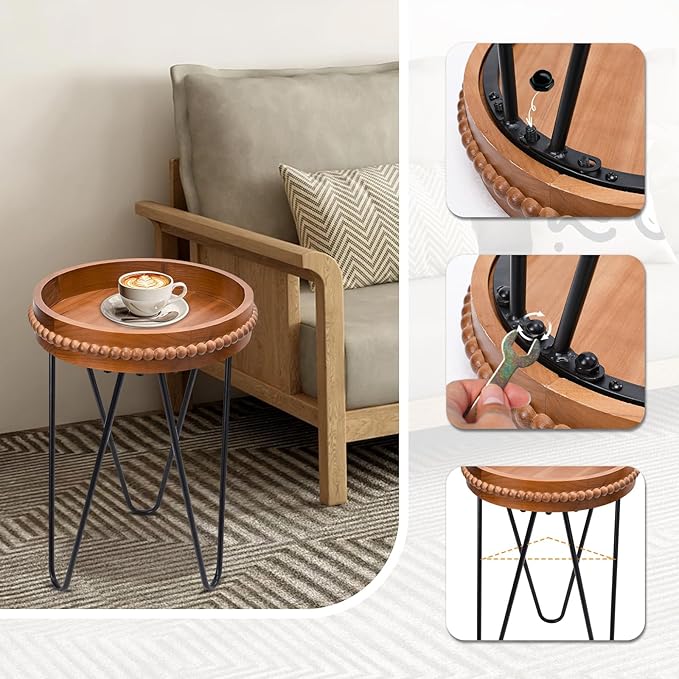 VCUTEKA Outdoor Side Table Round Small Accent Table Wood Patio Side Table End Table with 3 Metal Legs Plant Stand Indoor Coffee Tables