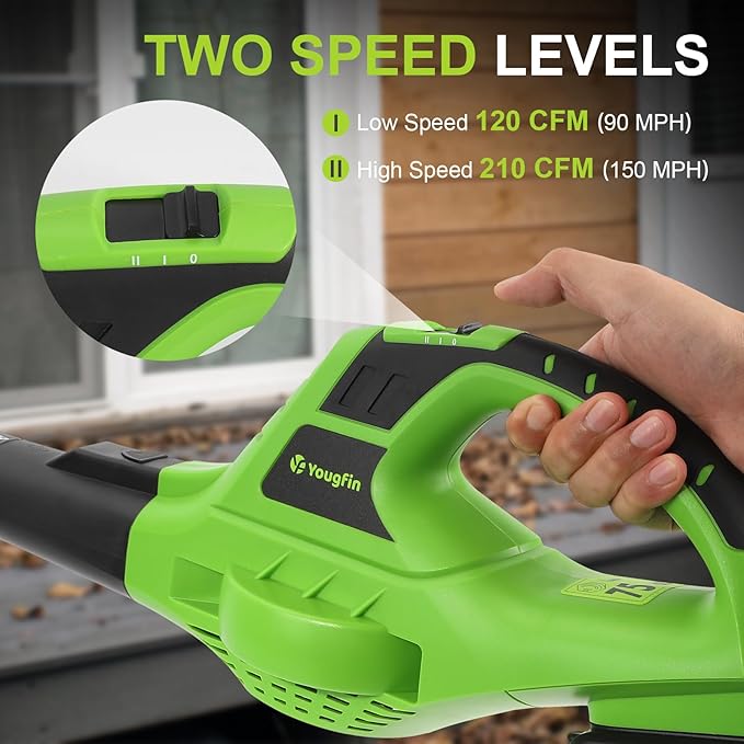 Yougfin Cordless Leaf Blower, 20V Electric Leaf Blower with 2 Batteries and Charger, 2 Speed Mode Lightweight Blowers for Lawn Care and Yard, Garden, Patio Cleaning